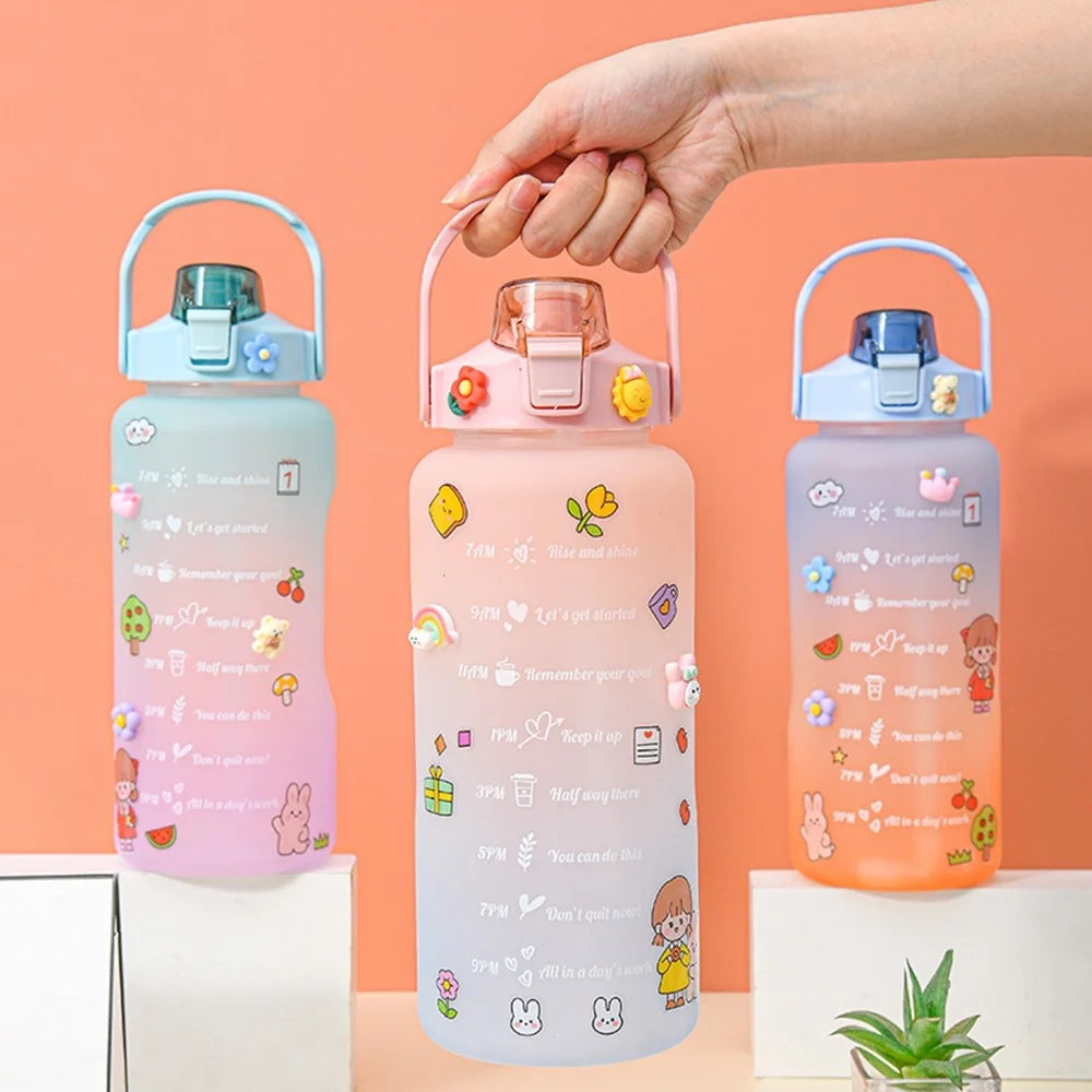 2000ml For Home Office Gym Motivational Time Scale Reminder Water Bottle Gradient Drink Kettle with Straw (No FDA Certificate, BPA-free) - Blue Purple/Pattern Print - 3