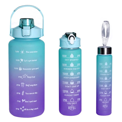 3PCS PC Sports Water Bottles Set Drinking Bottles Cups with Drinking Time, Volume Scale, Straw (BPA-Free, No FDA Certified) - Blue / Purple - 1