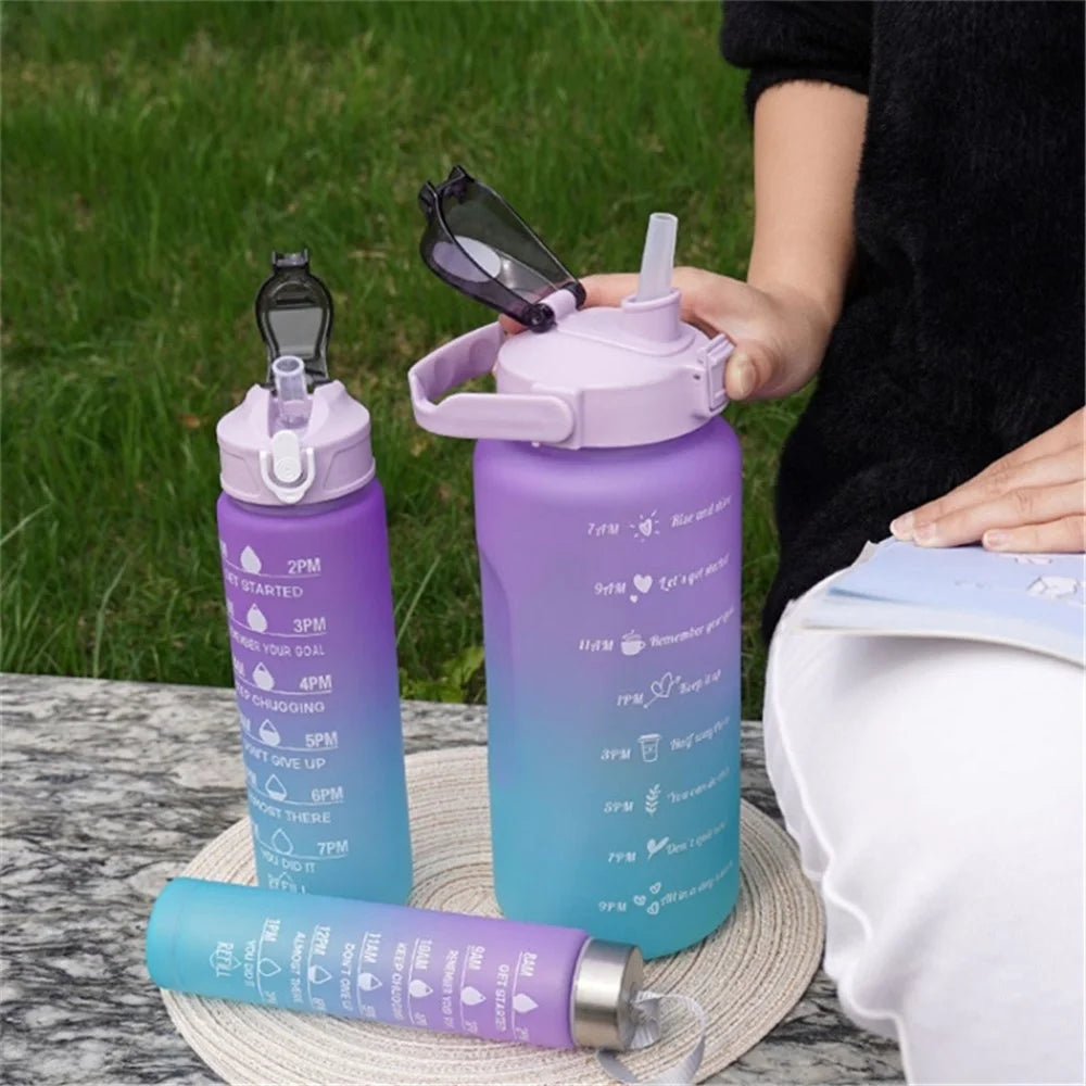3PCS PC Sports Water Bottles Set Drinking Bottles Cups with Drinking Time, Volume Scale, Straw (BPA-Free, No FDA Certified) - Blue / Purple - 2