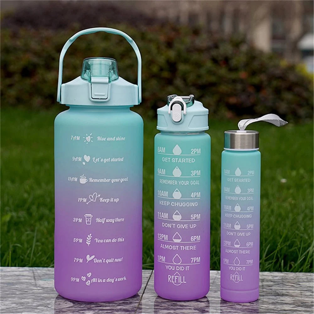 3PCS PC Sports Water Bottles Set Drinking Bottles Cups with Drinking Time, Volume Scale, Straw (BPA-Free, No FDA Certified) - Blue / Purple - 3
