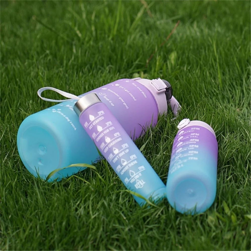 3PCS PC Sports Water Bottles Set Drinking Bottles Cups with Drinking Time, Volume Scale, Straw (BPA-Free, No FDA Certified) - Blue / Purple - 7