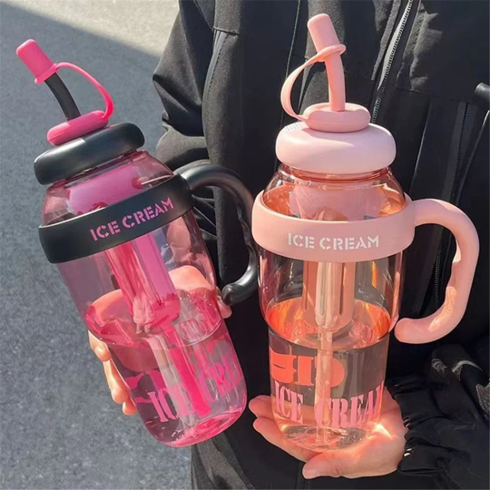 1200ml Water Bottles with Straw Tea Strainer PP+Silicone Bottle for Gym Outdoor Activities (No FDA, BPA-Free) - Black  /  Red - 2