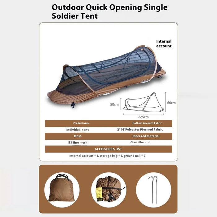 Single Person Quick Open Hiking Tent Outdoor Mosquito Proof Tactical Camping Shelter with Storage Bag - Coffee - 2