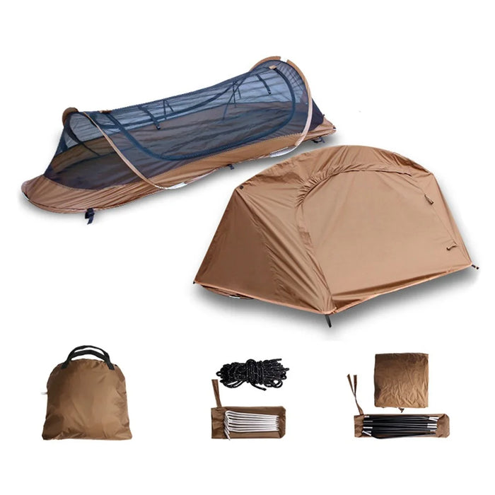 Single Person Quick Open Mosquito Proof 210T Polyester Hiking Camping Tent with Outer Tent and Storage Bag - Coffee - 1