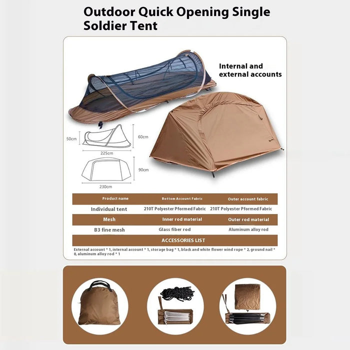 Single Person Quick Open Mosquito Proof 210T Polyester Hiking Camping Tent with Outer Tent and Storage Bag - Coffee - 2