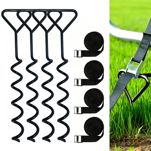 4Pcs Spiral Ground Anchor 40cm Stainless Steel Stakes with Fixing Straps for Camping Tent Trampoline - Black - 1