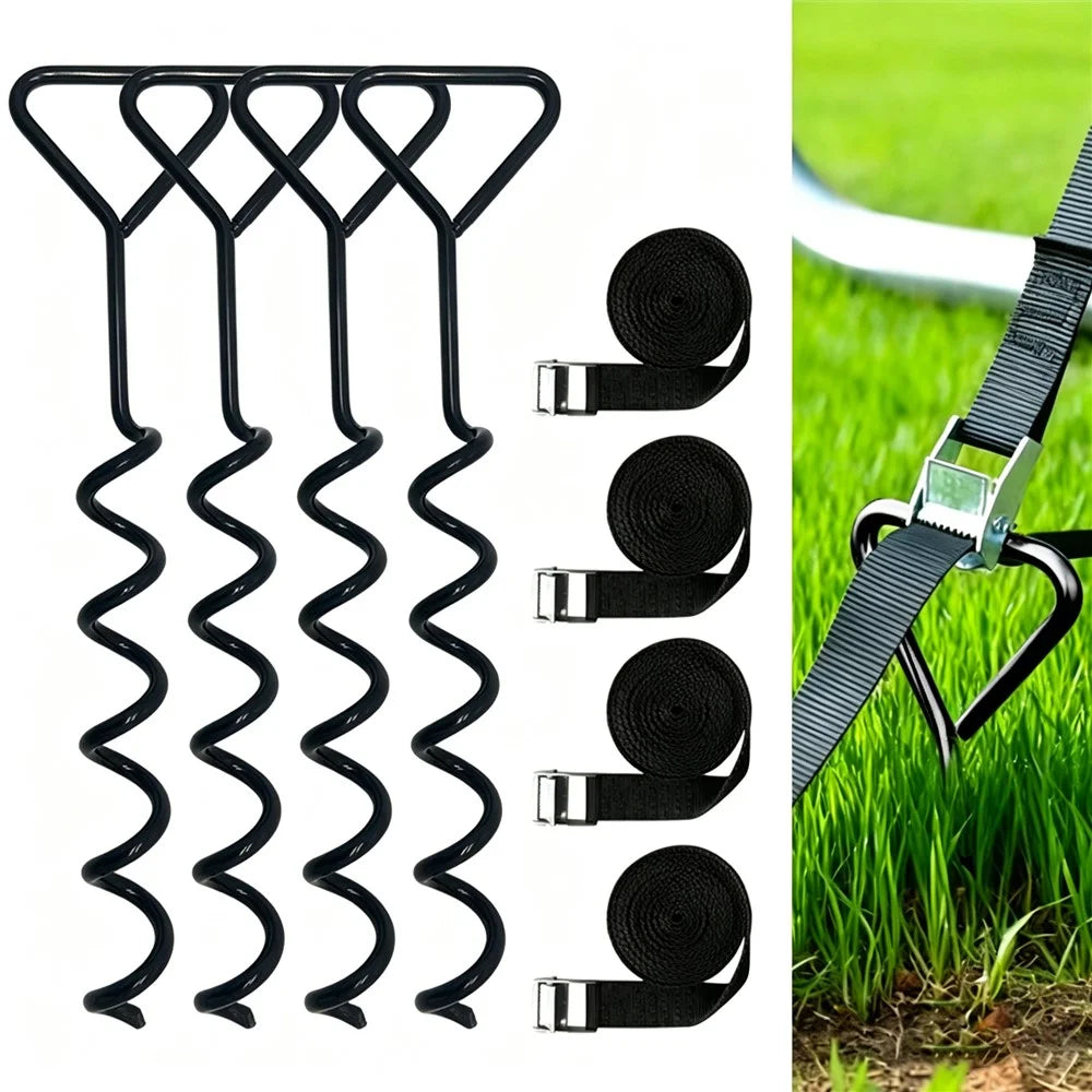 4Pcs Spiral Ground Anchor 40cm Stainless Steel Stakes with Fixing Straps for Camping Tent Trampoline - Black - 1