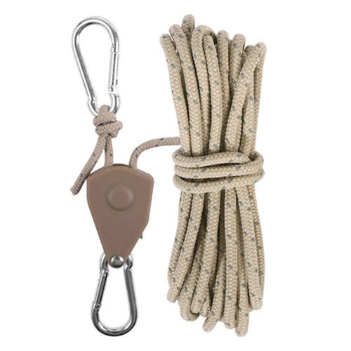4mmx4m Climbing Rope Camping Tent Canopy Windproof Rope with Adjustable Pulley Tensioner for Outdoor Activities - Khaki - 1