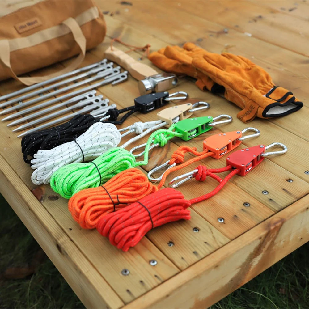 4mmx4m Climbing Rope Camping Tent Canopy Windproof Rope with Adjustable Pulley Tensioner for Outdoor Activities - Khaki - 7