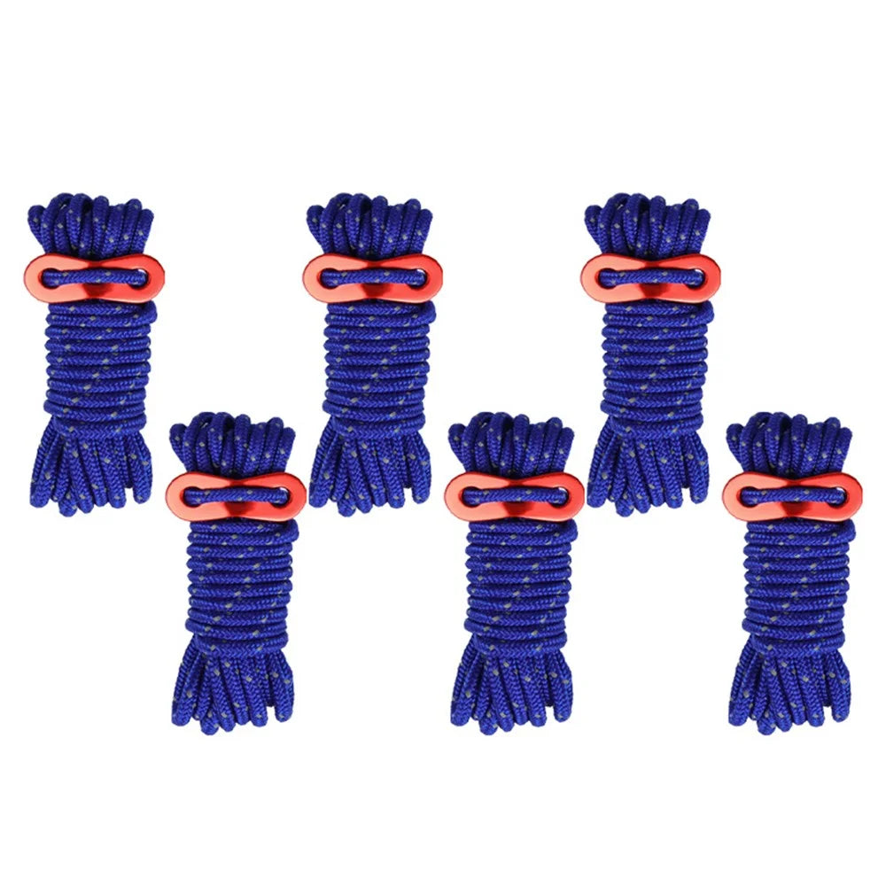 6 Bundles of Reflective Outdoor Camping Windproof Tent Rope 4mmx4m with Cord Tensioner for Fishing, Hiking, Backpacking, Emergency Rescue - Blue - 1