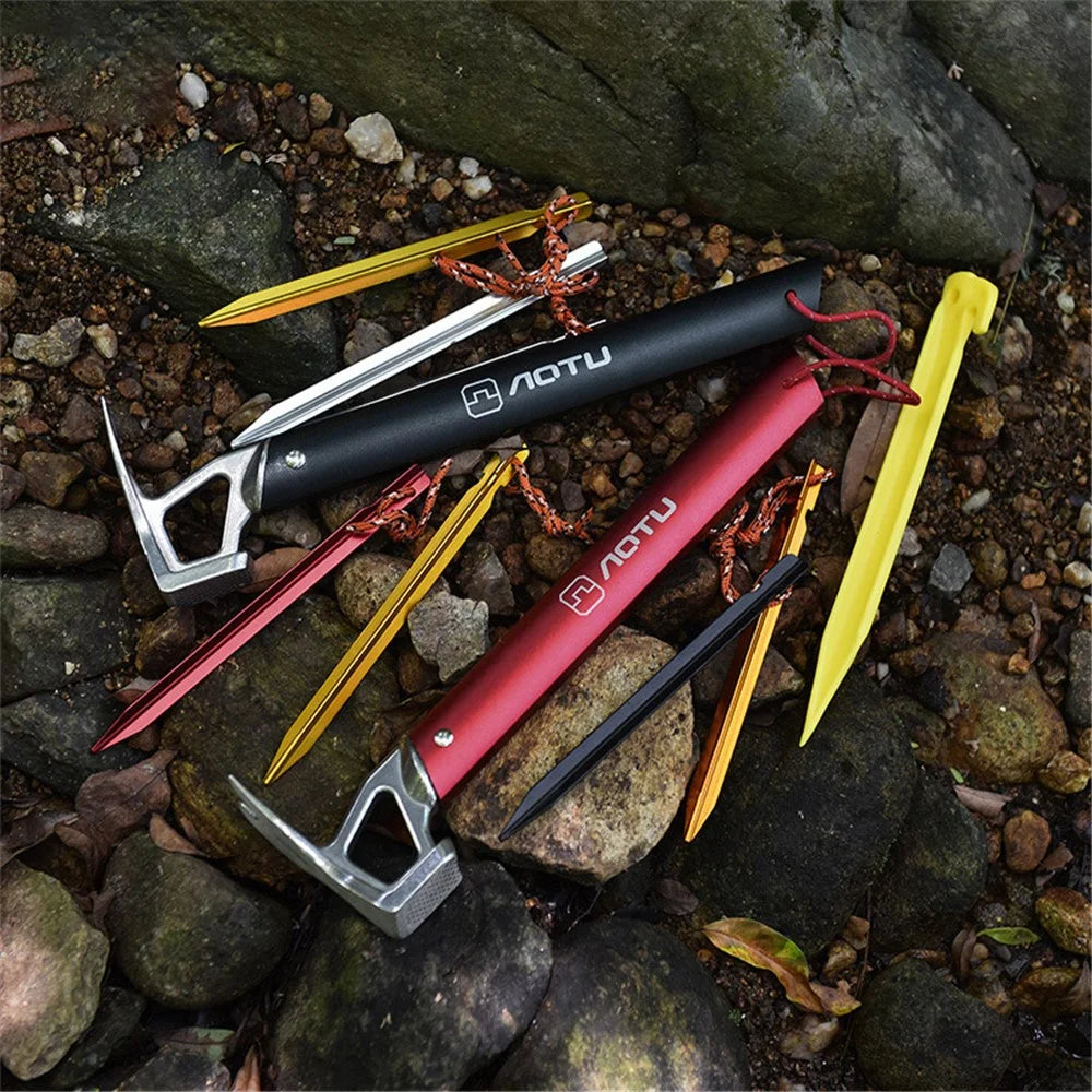 AOTU Outdoor Camping Tent Peg Hammer Mountaineering Hiking Stainless Steel Nail Puller - Black - 5