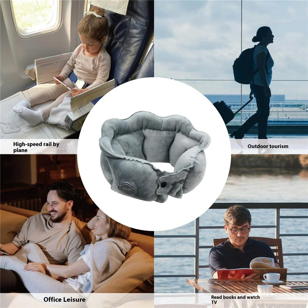 PICTET.FINO RH66 Crystal Velvet Inflatable Neck Pillow Travel-Friendly Portable Neck Pillow - Grey - 6