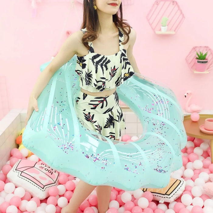 100*110cm PVC Swim Ring Inflatable Sequins Shell Shape Water Float for Children Adults - Blue - 4