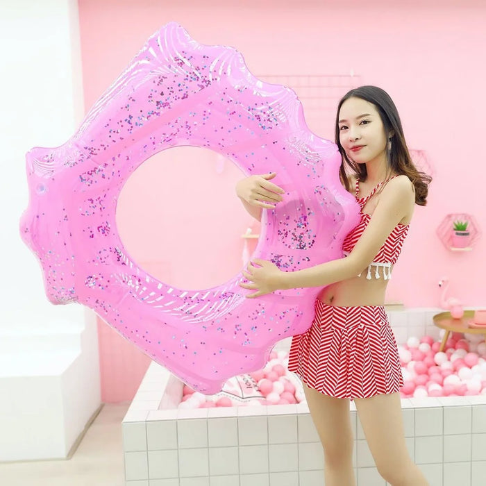80*90cm Sequins Shell Shape Inflatable Swimming Ring Summer Pool Toy - Pink - 2