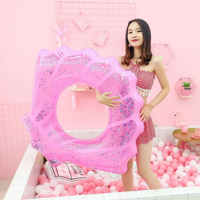 80*90cm Sequins Shell Shape Inflatable Swimming Ring Summer Pool Toy - Pink - 3