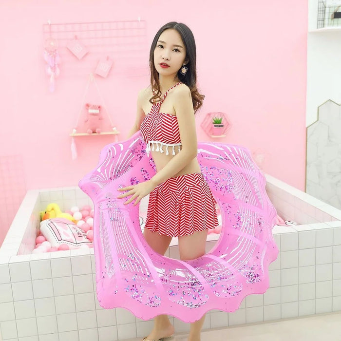 80*90cm Sequins Shell Shape Inflatable Swimming Ring Summer Pool Toy - Pink - 4