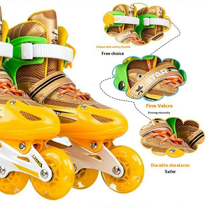 1 Pair Children Full Flash 8 Wheels Roller Skates Skating Shoes with Helmet and Protective Gear , Size M - Gold - 7