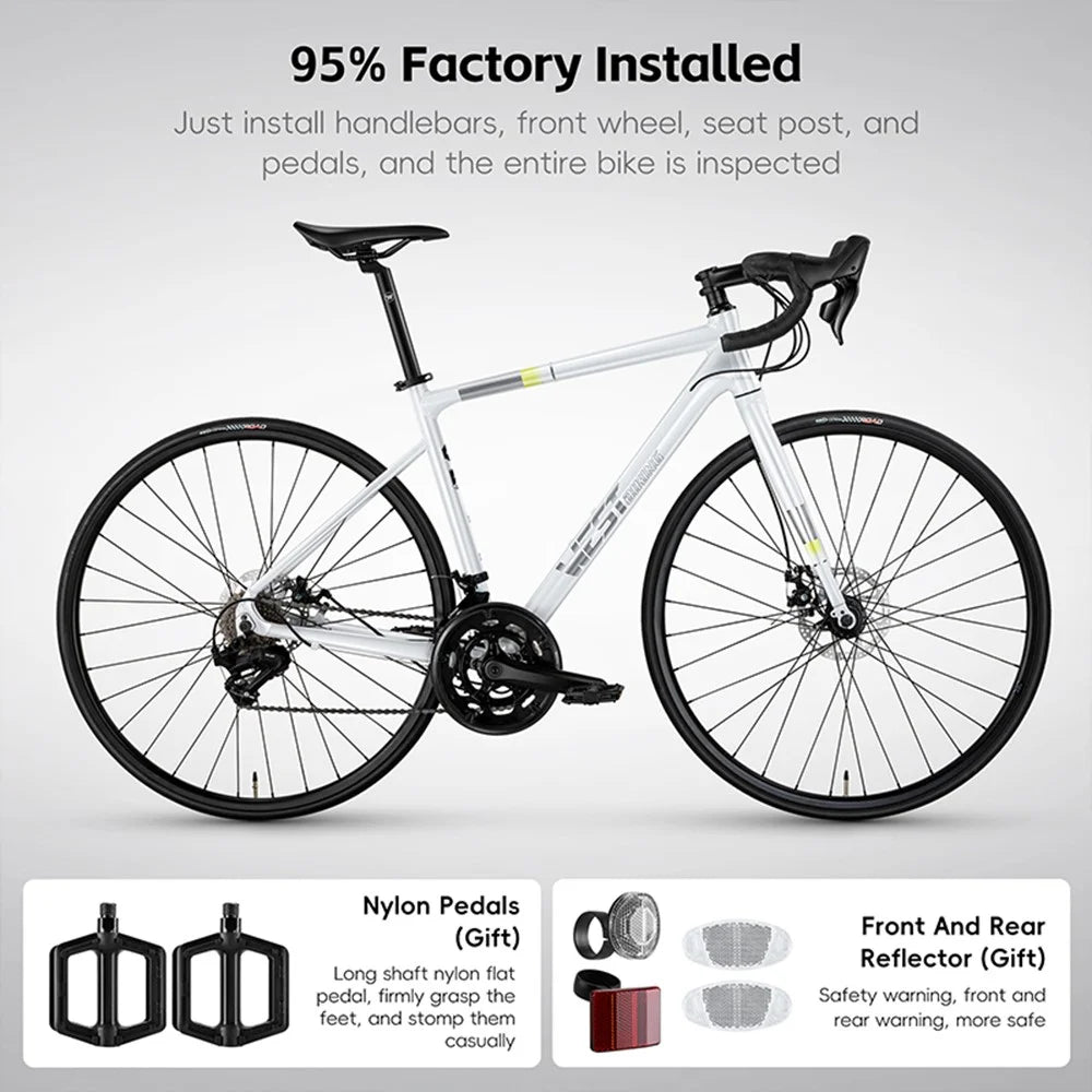 WEST BIKING JX100 700C Road Bike Lightweight Aluminum Alloy Disc Brake Bicycle for 155 - 168cm Height - White - 6