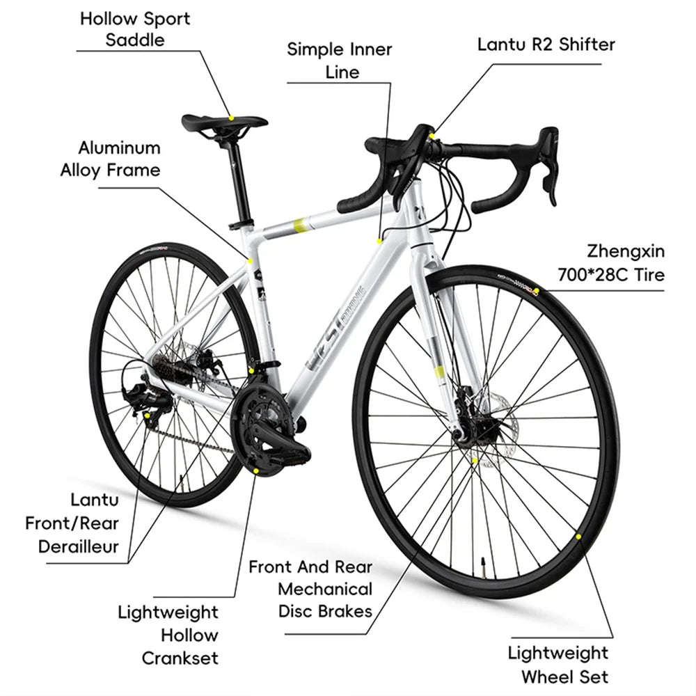 WEST BIKING JX100 700C Road Bike Lightweight Aluminum Alloy Disc Brake Bicycle for 155 - 168cm Height - White - 7
