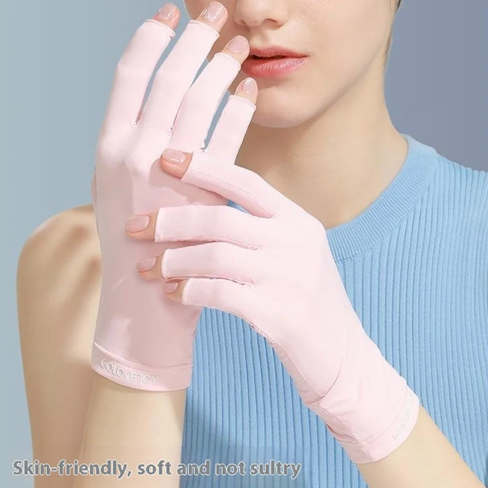 GOLOVEJOY MJ04 Anti UV Half Finger Nail Art Gloves Breathable Ice Silk Mittens for Outdoor Driving - Pink - 3