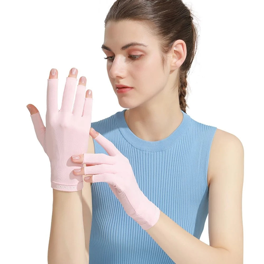 GOLOVEJOY MJ04 Anti UV Half Finger Nail Art Gloves Breathable Ice Silk Mittens for Outdoor Driving - Pink - 5