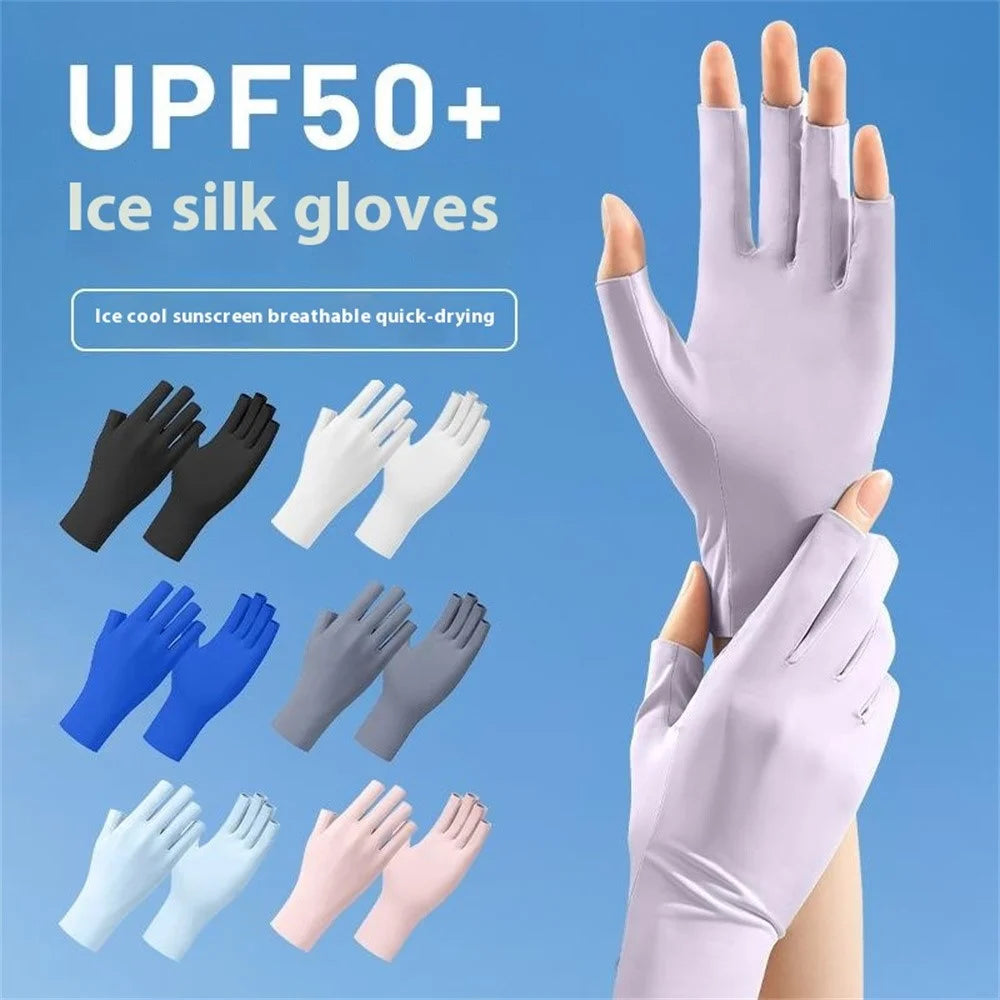 JLST 1 Pair Women Summer Thin Ice Silk UV Protection Gloves Breathable Cycling Manicure Half Finger Gloves - White - 6