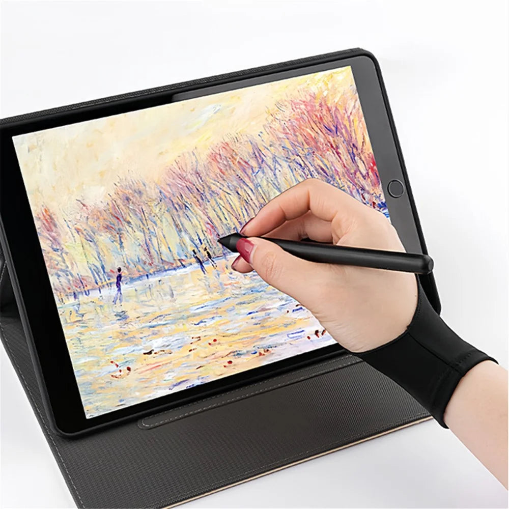 SCHHST 1Pc Anti-Smudge Drawing Glove Artists Thick Spandex Tablet Stylus Two Finger Breathable Sweat Resistant Glove - Black / S - 2