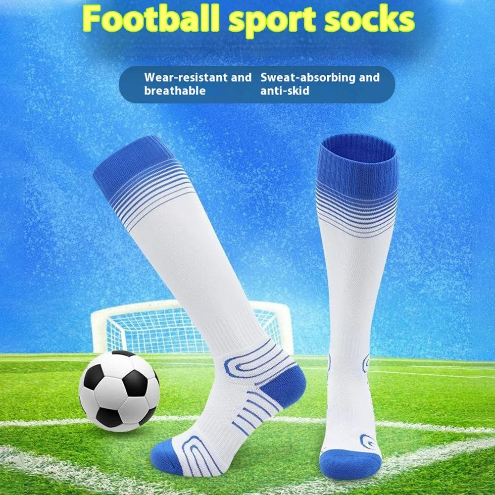 PORFIN 1 Pair M Size 34 - 38 Professional Football Socks Breathable High Tube Thickened Training Socks - Blue + White - 2