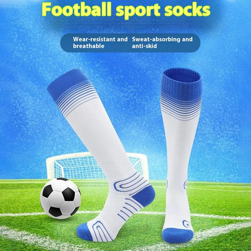 PORFIN 1 Pair M Size 34 - 38 Professional Football Socks Breathable High Tube Thickened Training Socks - Blue + White - 2