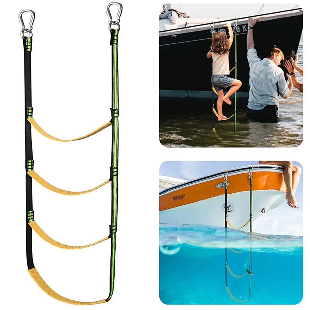 4 Steps Inflatable Boat Boarding Ladder Marine Rope with Hanging Hooks Climbing Aider for Kayak - Fluorescent Green - 2