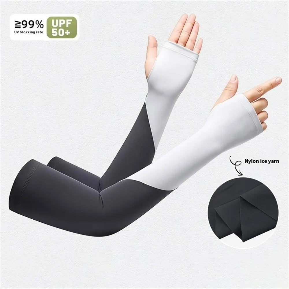 FZXT019 1 Pair Summer Thin Ice Silk Arm Sleeves Cooling UV Protection Thumbhole Design Outdoor Sports Sleeves - Grey - 2