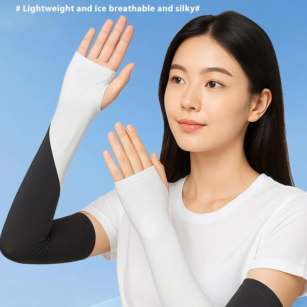 FZXT019 1 Pair Summer Thin Ice Silk Arm Sleeves Cooling UV Protection Thumbhole Design Outdoor Sports Sleeves - Grey - 3