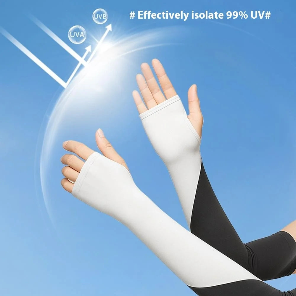 FZXT019 1 Pair Summer Thin Ice Silk Arm Sleeves Cooling UV Protection Thumbhole Design Outdoor Sports Sleeves - Grey - 4