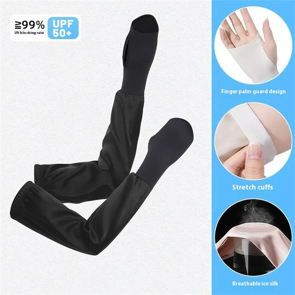 1 Pair Summer Sun Protection Arm Sleeves Outdoor Activities Loose Elastic Ice Silk Sleeve with Hand Protection Design - Black - 2