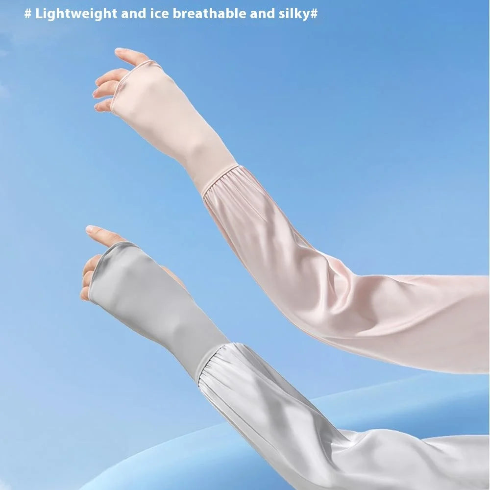1 Pair Summer Sun Protection Arm Sleeves Outdoor Activities Loose Elastic Ice Silk Sleeve with Hand Protection Design - Black - 3