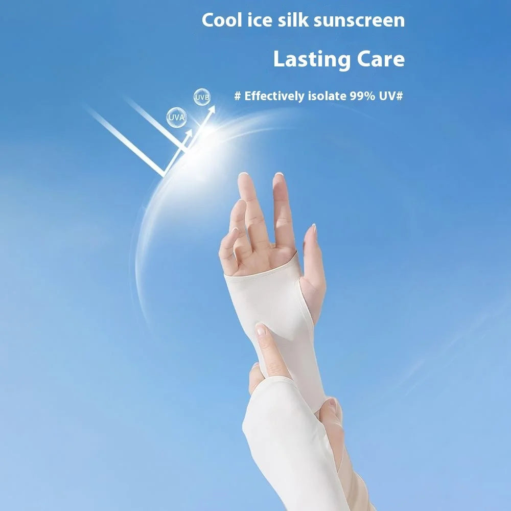 1 Pair Summer Sun Protection Arm Sleeves Outdoor Activities Loose Elastic Ice Silk Sleeve with Hand Protection Design - Black - 4