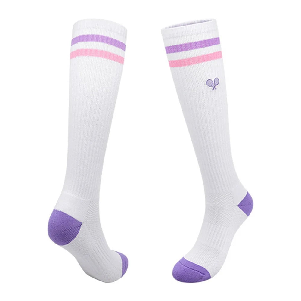 PORFIN 1 Pair Tennis Racket Embroidery Compression Sports Socks Breathable Mesh Long Tube Socks, Size M - White+Purple+Pink - 1