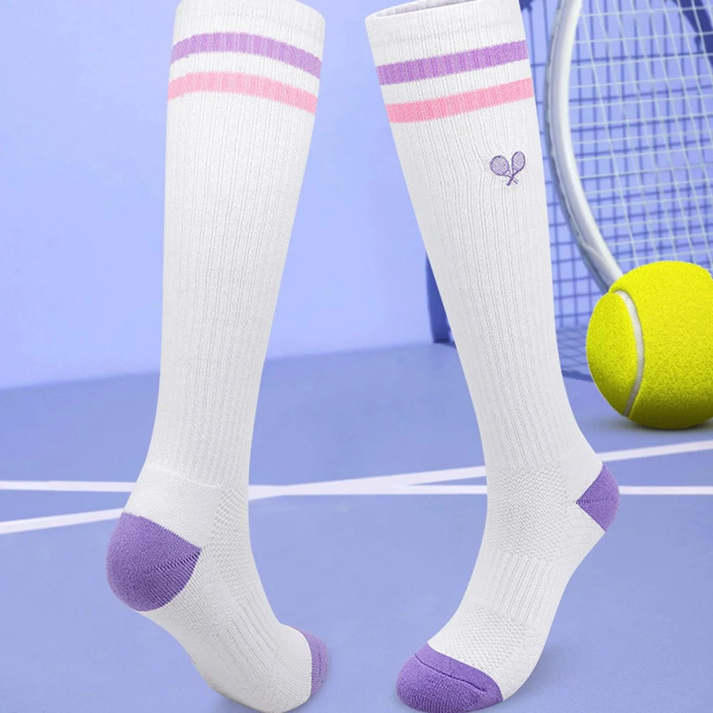 PORFIN 1 Pair Tennis Racket Embroidery Compression Sports Socks Breathable Mesh Long Tube Socks, Size M - White+Purple+Pink - 2
