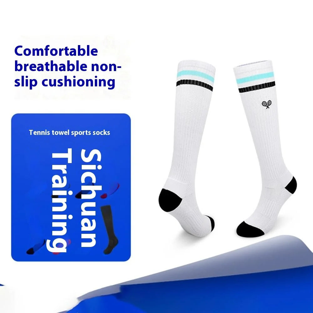 PORFIN 1 Pair Tennis Racket Embroidery Compression Sports Socks Breathable Mesh Long Tube Socks, Size M - White+Purple+Pink - 3