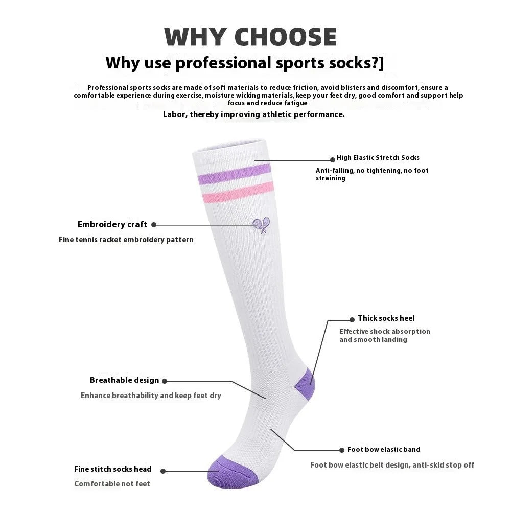 PORFIN 1 Pair Tennis Racket Embroidery Compression Sports Socks Breathable Mesh Long Tube Socks, Size M - White+Purple+Pink - 4