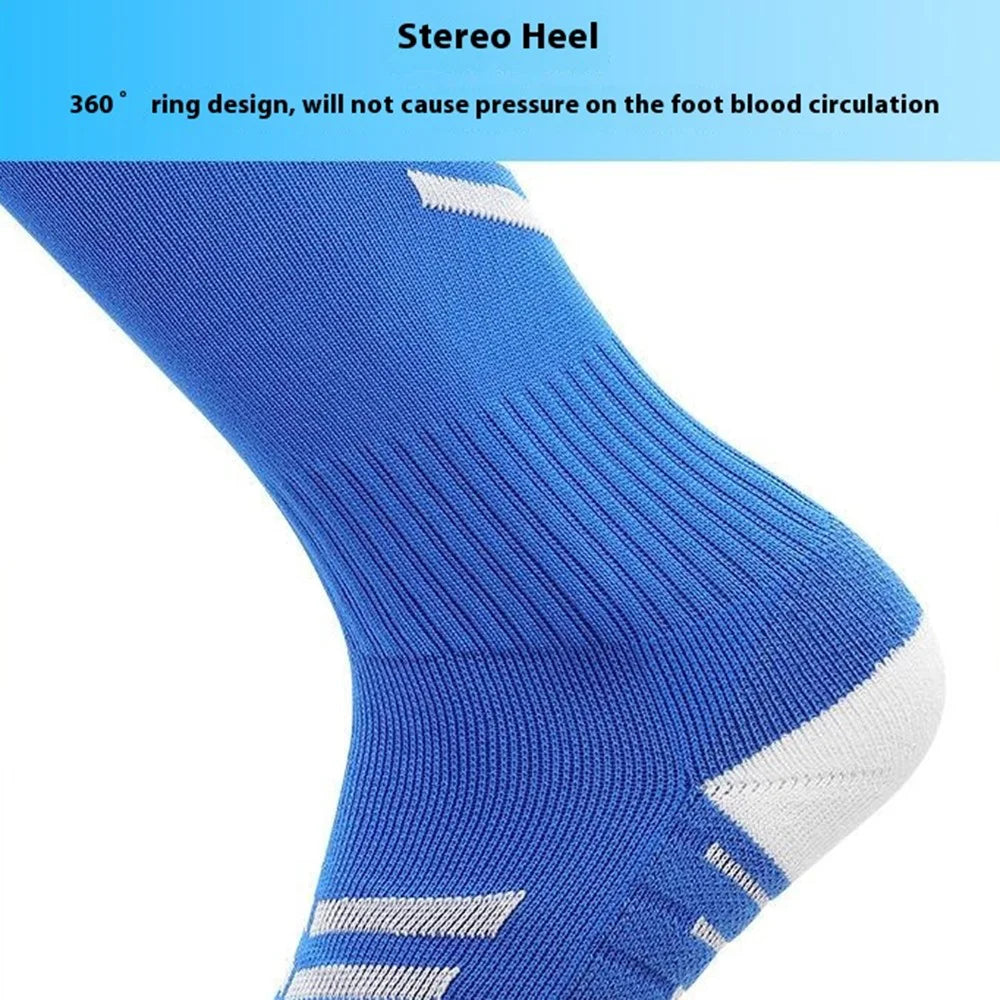 PORFIN 1 Pair Summer Long Soccer Socks Men Quick Dry Anti Slip High Tube Terry Cloth Bottom Socks, Size S - Dark Blue+White - 5