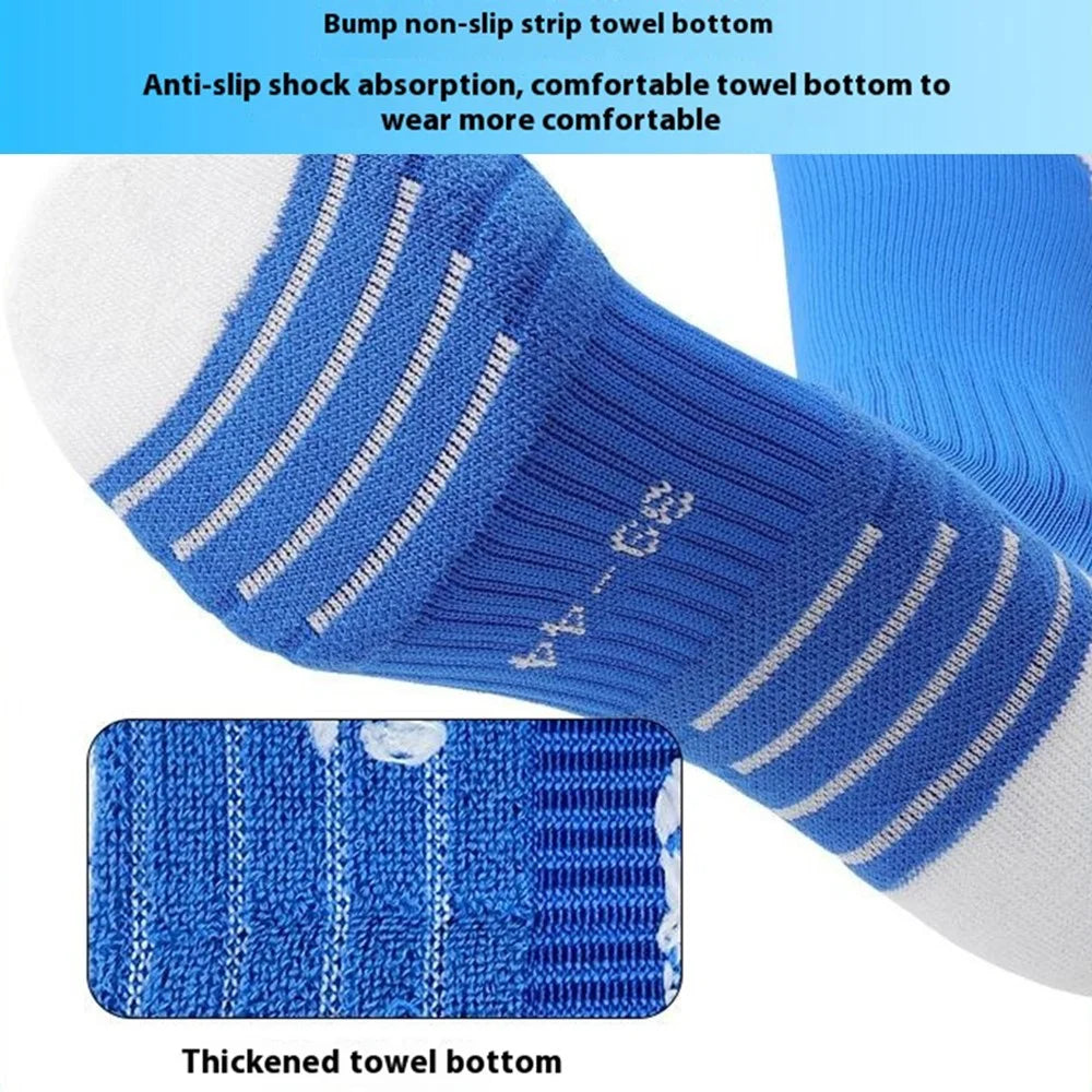PORFIN 1 Pair Summer Long Soccer Socks Men Quick Dry Anti Slip High Tube Terry Cloth Bottom Socks, Size S - Dark Blue+White - 6