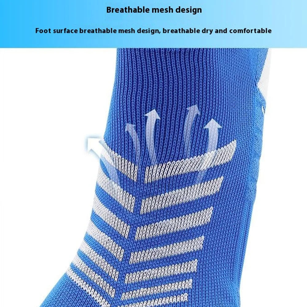PORFIN 1 Pair Summer Long Soccer Socks Men Quick Dry Anti Slip High Tube Terry Cloth Bottom Socks, Size M - Dark Blue+White - 4