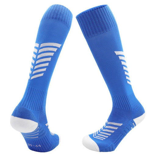 PORFIN 1 Pair Summer Long Soccer Socks Men Quick Dry Anti Slip High Tube Terry Cloth Bottom Socks, Size L - Dark Blue+White - 1