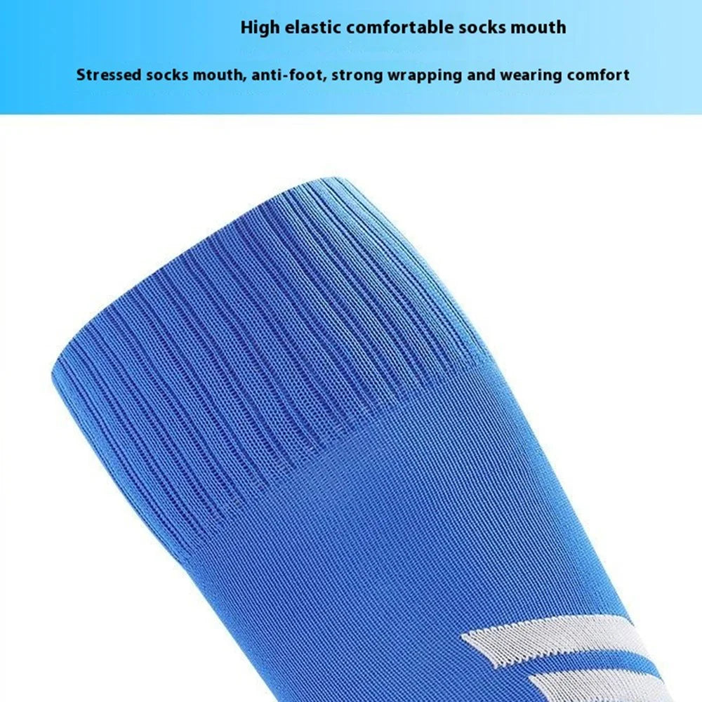 PORFIN 1 Pair Summer Long Soccer Socks Men Quick Dry Anti Slip High Tube Terry Cloth Bottom Socks, Size L - Dark Blue+White - 3