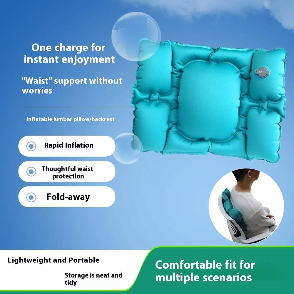 PICTET.FINO PF112B Inflatable Lumbar Pillow Ergonomic Design Crystal Velvet S-Curve Support for Car / Office Chair - Lake Blue - 2