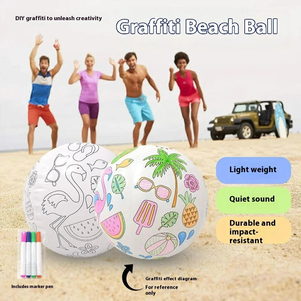 30cm Diameter Creative DIY Inflatable Beach Ball with 4 Markers Doodle Drawing Toy for Kids - 2