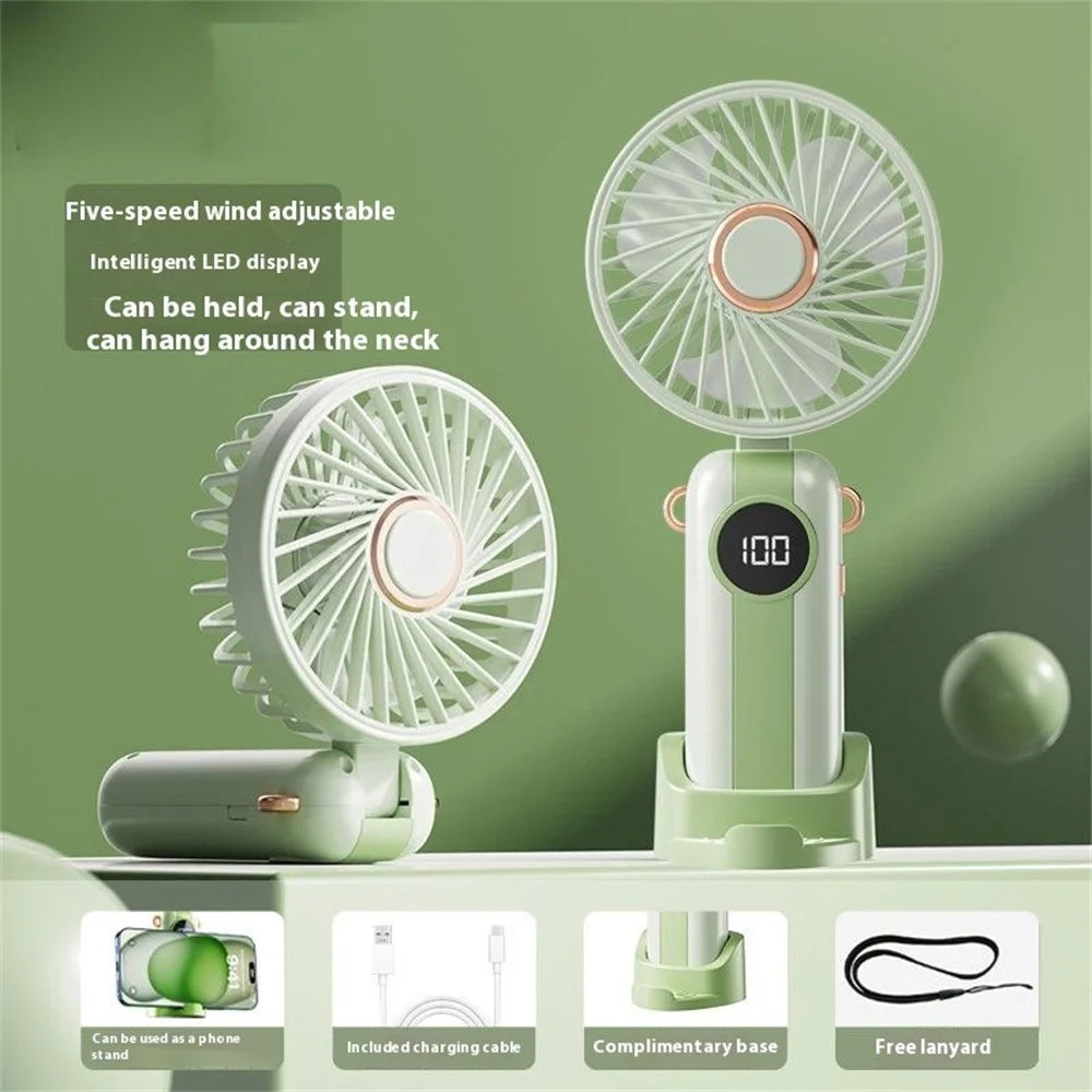 LEHOGAI F66 Digital Display Foldable Handheld Fan 5 Speeds Adjustable Portable Desktop Fan Phone Holder - Mint Green - 2