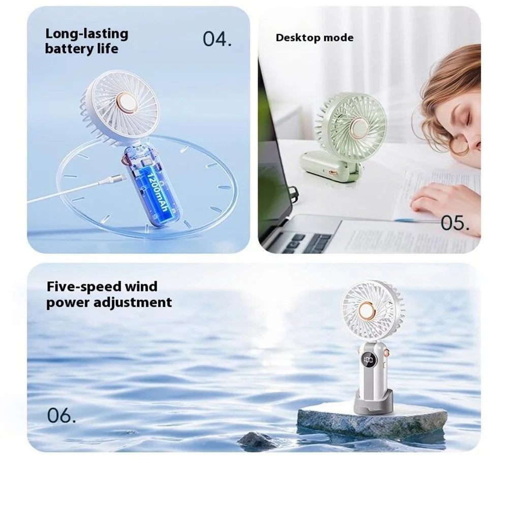 LEHOGAI F66 Digital Display Foldable Handheld Fan 5 Speeds Adjustable Portable Desktop Fan Phone Holder - Mint Green - 5