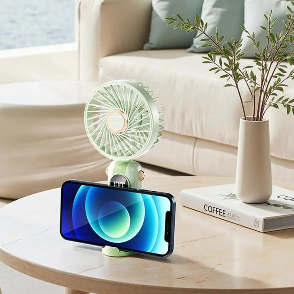 LEHOGAI F66 Digital Display Foldable Handheld Fan 5 Speeds Adjustable Portable Desktop Fan Phone Holder - Mint Green - 6